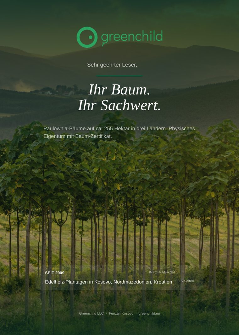 Titelseite des GreenChild Info-Magazins über Edelholz als Sachwert